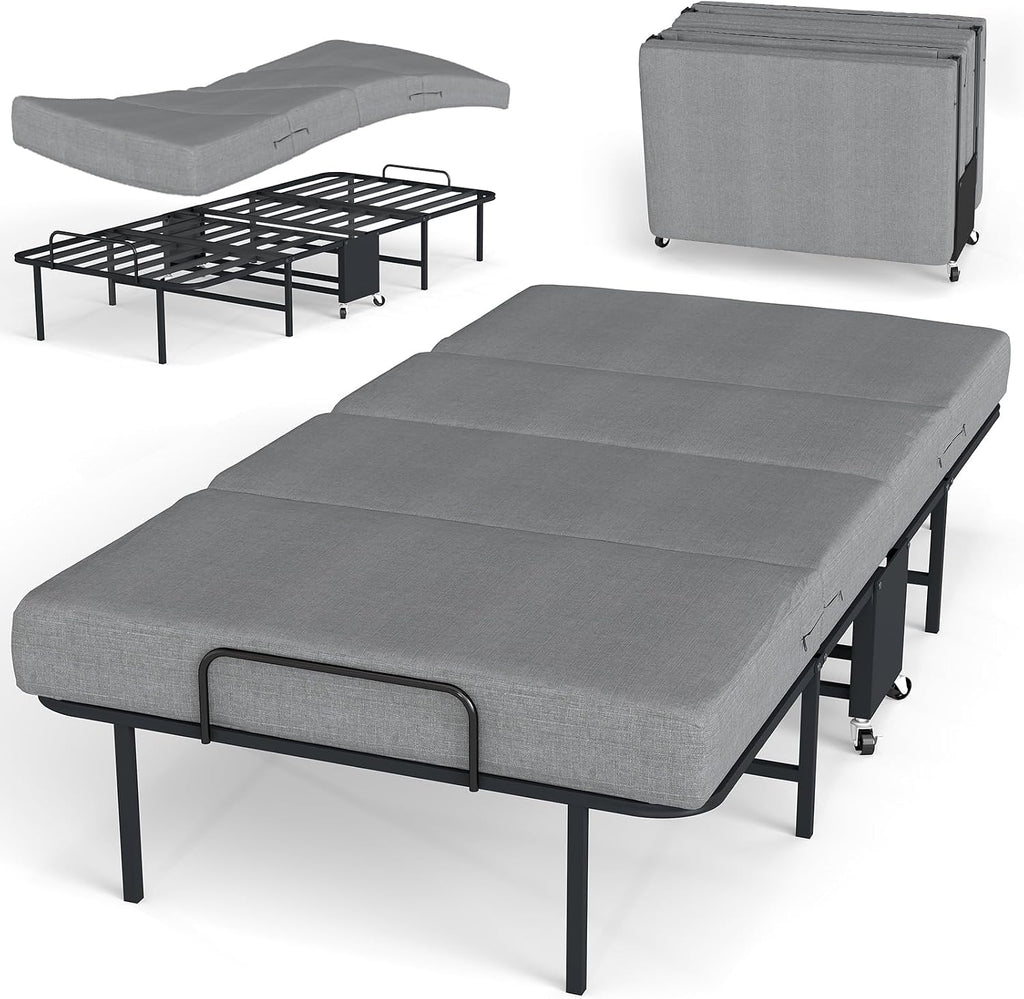 SADENICEL Folding Bed with Mattress for Adults, Twin Size, Portable Foldable Roll Away Bed on Wheels, Memory Foam Mattress and Super Strong Frame, Space Saving Fold Up for Easy Storage, 75' x 38'