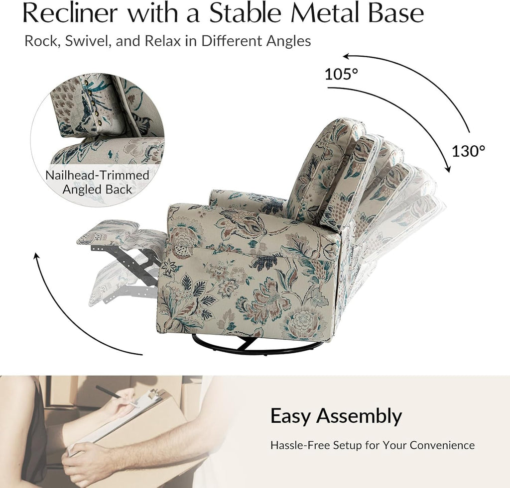 HULALA Home Rocker Recliner Set of 2, Modern Printed Fabric Swivel Glider with Adjustable Backrest & Footrest, Teal