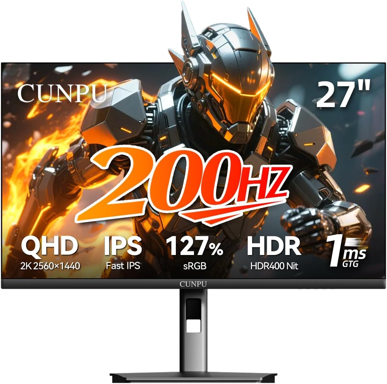 CUNPU 27 Inch 1440p Gaming Monitor 200Hz, 1ms, Fast IPS Screen, HDR400, 127% sRGB Color Gamut, Tilt Adjustable Stand, Adaptive Sync Technology, HDMI & DP Ports, 2K Monitor, Black