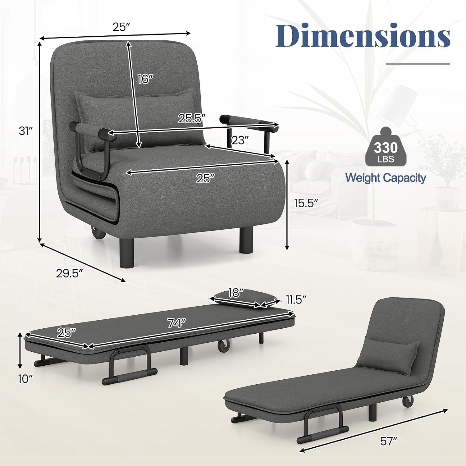 Giantex Convertible Sofa Bed, 3-in-1 Folding Sleeper Chair with 5-Position Adjustable Backrest, Wheels, 2 Legs, Recliner Chaise Lounge with Pillow, Armchairs for Nursery Living Room Office (Gray)
