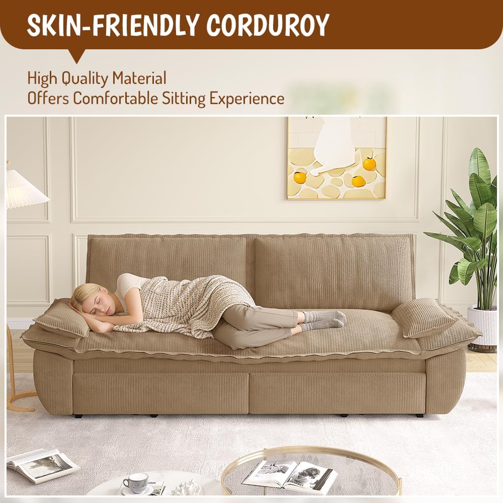 73.2' Sleeper Sofa Bed Queen, 3-in-1 Convertible Couch, Modern Pull Out Couches, Comfy Corduroy Futon Sofa, Cloud Loveseat Lounge, Pillow Arm for Small Spaces, Living Room, Apartment, Camel