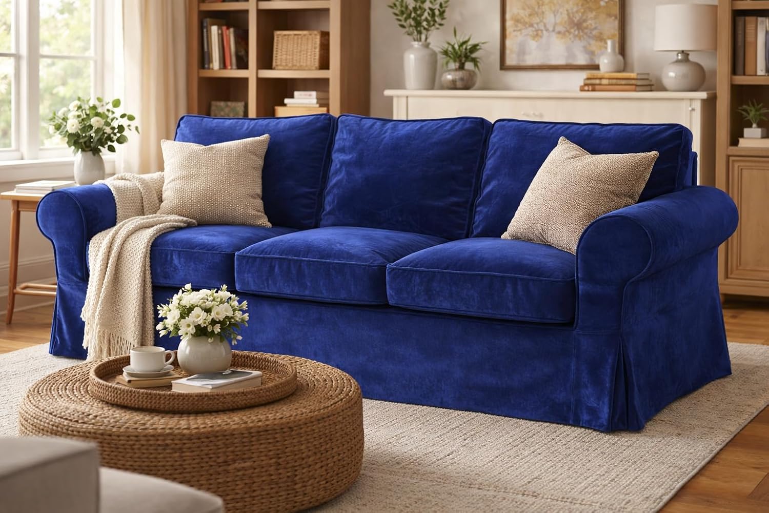 Velvet Pets Friendly Sofa Covers Custom Made Compatible for IKEA Ektorp Three Seat Sofa Slipcovers (Velvet Blue Ektorp 3)