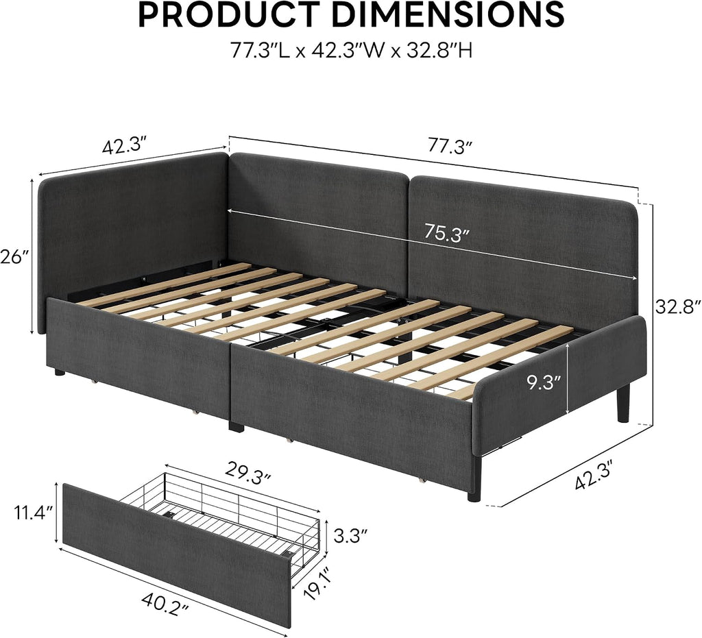 LIKIMIO Twin Daybed with Headboard, Corner Bed Frame with Storage Drawers and Bed Rails, Solid Wood Support for Small Spaces, Guest Room, Dark Gray