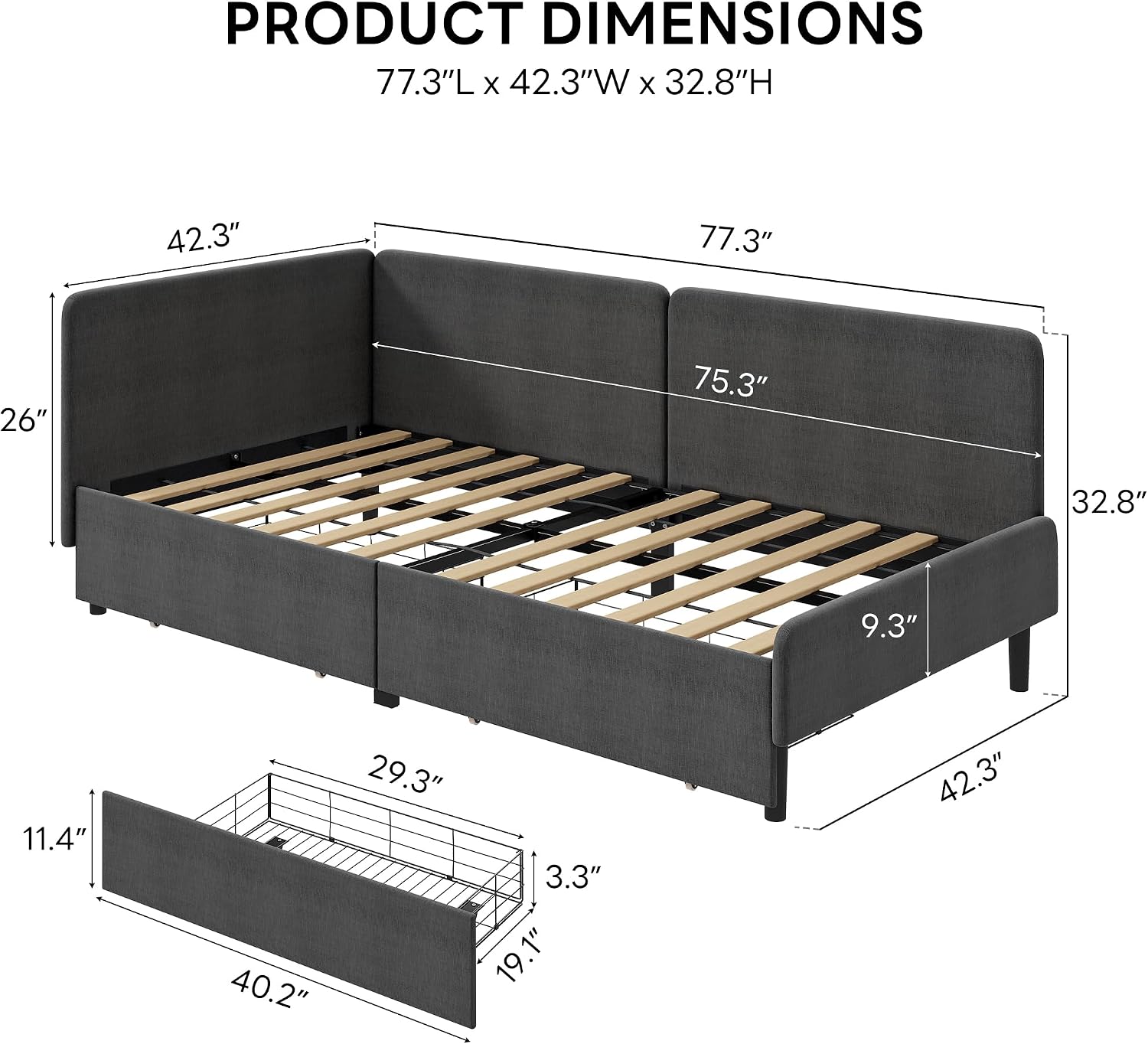 LIKIMIO Twin Daybed with Headboard, Corner Bed Frame with Storage Drawers and Bed Rails, Solid Wood Support for Small Spaces, Guest Room, Dark Gray