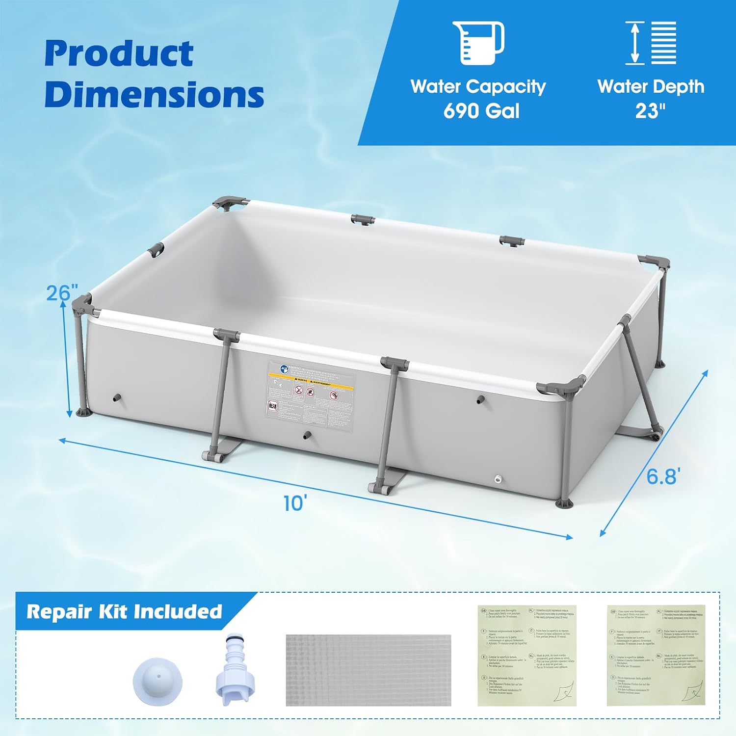 GYMAX 10' x 6.8' x 26' Metal Frame Above Ground Swimming Pool, Outdoor Backyard Famliy Pool w/Puncture-Resistant Fabric, Drainage Valve Connector for Kids & Adults (10' x 6.8' x 26', Rectangle, Grey)