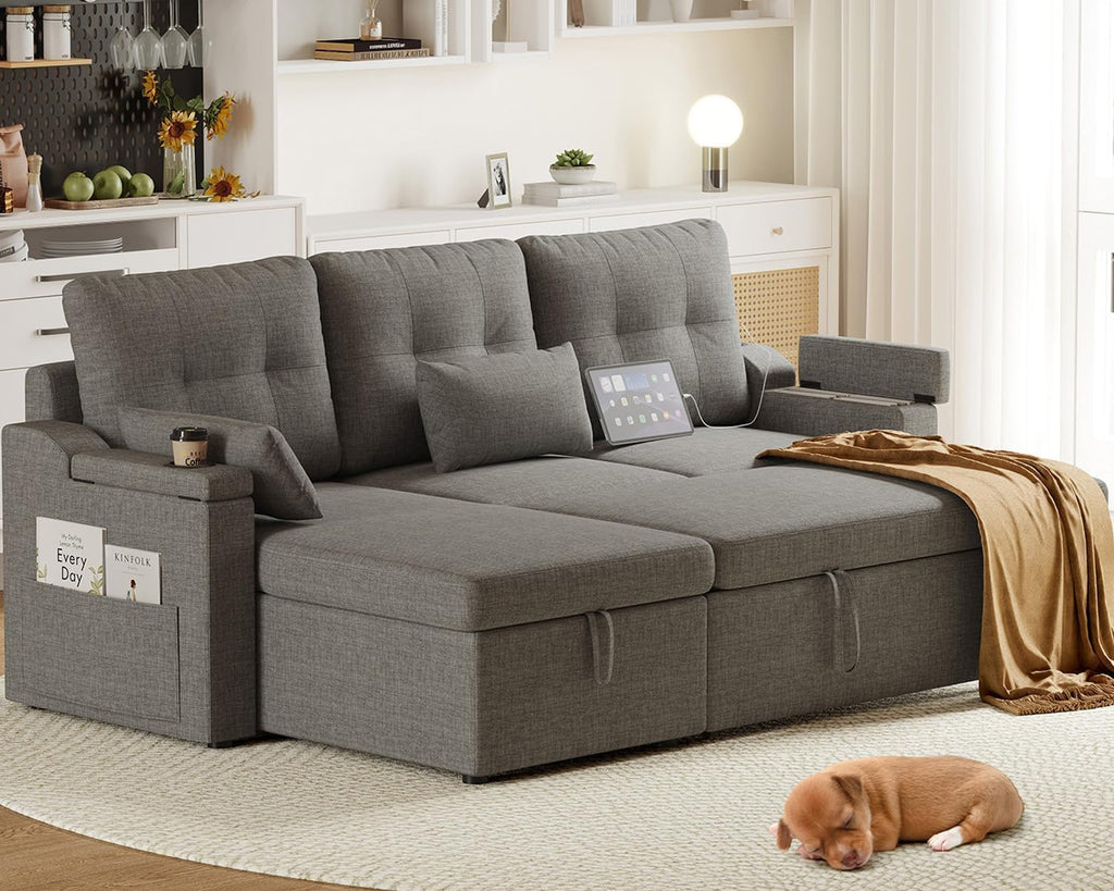 Reversible Sectional Sofa Couch, 85' L-Shaped Sleeper Sofa Bed with Pull Out Bed, Storage Chaise, USB Type-C Ports, Removable Backrest, Cup Holder, Modern Convertible Couch for Living Room, Grey