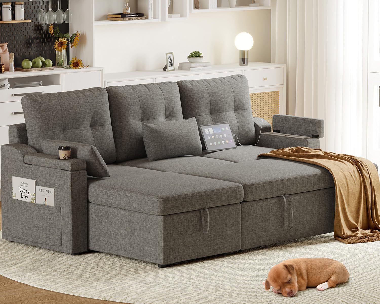 Reversible Sectional Sofa Couch, 85' L-Shaped Sleeper Sofa Bed with Pull Out Bed, Storage Chaise, USB Type-C Ports, Removable Backrest, Cup Holder, Modern Convertible Couch for Living Room, Grey