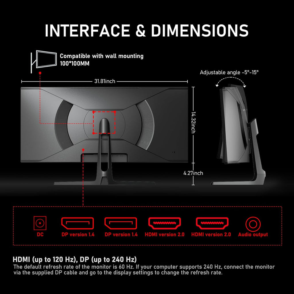 Gawfolk 34 Inch Curved Gaming Monitor, 240Hz Ultrawide PC Monitors Built-in Speakers, UWQHD (3440x1440) 1500R Computer Screen mit FreeSync, HDMI 2.0 & DP 1.4, Wall Mountable