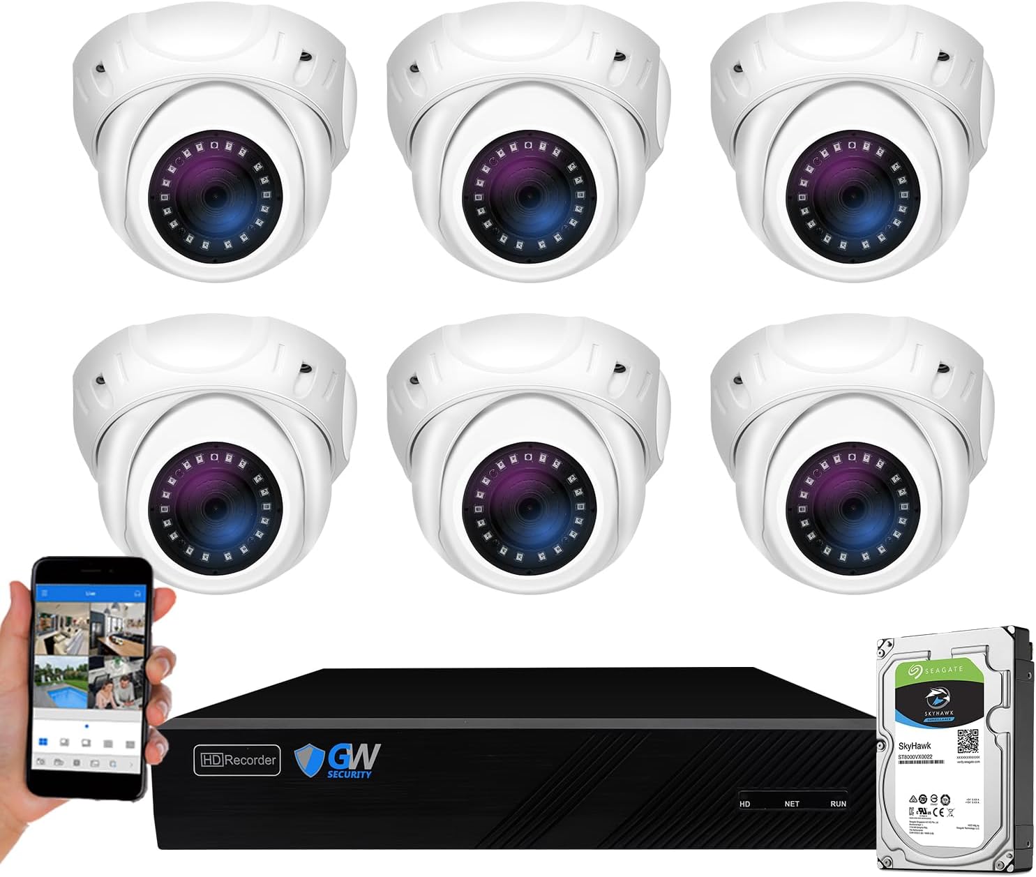 GW Security 8 Channel Smart AI PoE NVR Ultra-HD 4K (3840x2160) Security Camera System with 6 x 4K (8MP) 2160P Face Recognition/Human/Vehicle Detection Waterproof Microphone IP Dome Camera
