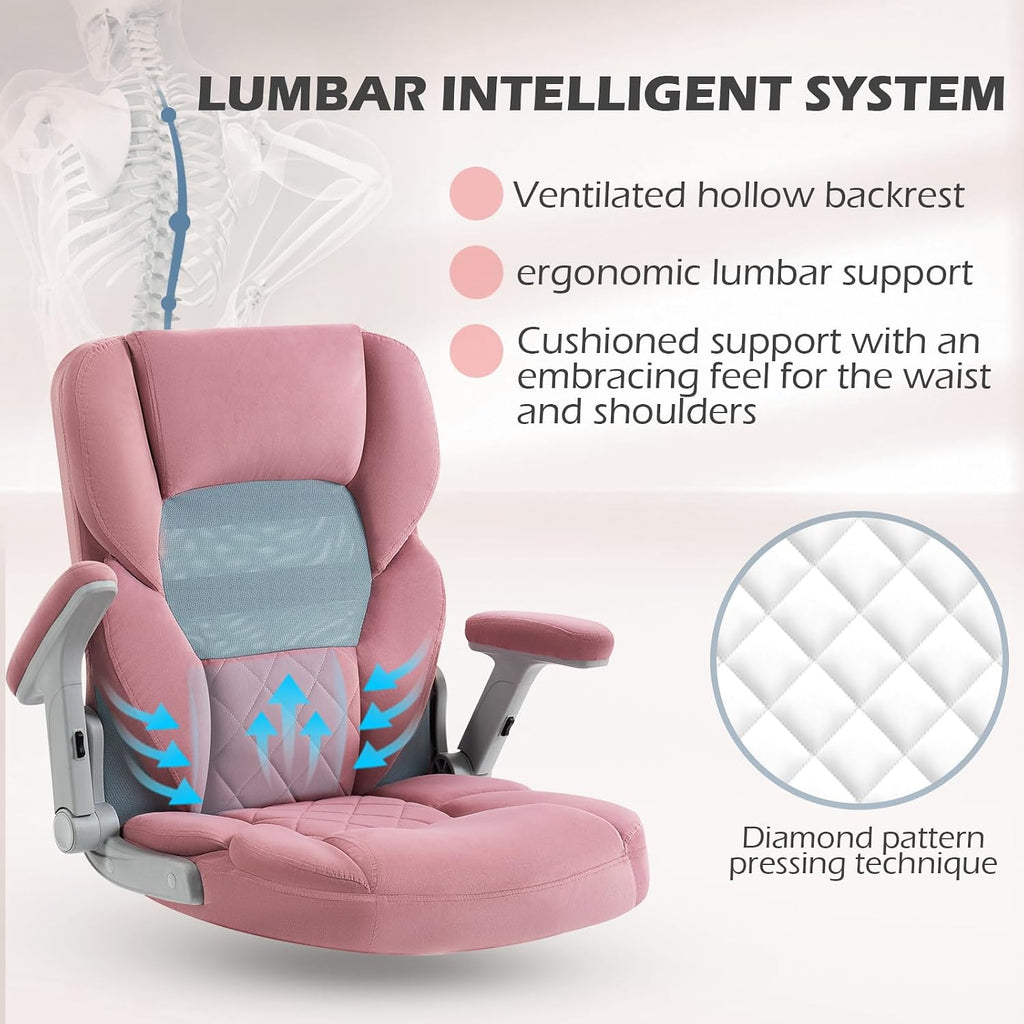 SEATZONE Rose Home Desk Office Chair with Arms and Wheels, Comfortable Executive Computer Chair, Breathable Mesh and Velvet Fabric Swivel Task Chairs for Women&Girls