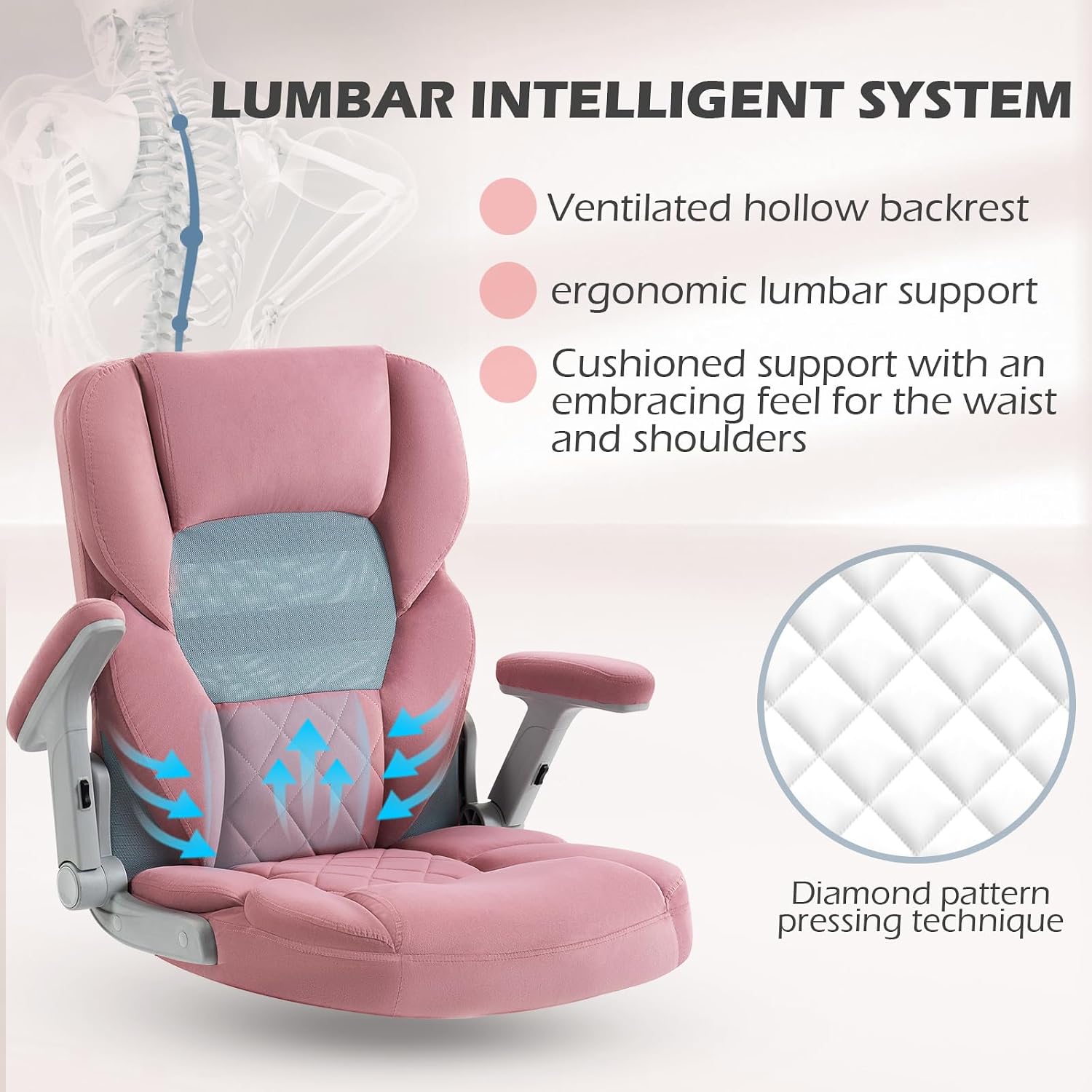 SEATZONE Rose Home Desk Office Chair with Arms and Wheels, Comfortable Executive Computer Chair, Breathable Mesh and Velvet Fabric Swivel Task Chairs for Women&Girls