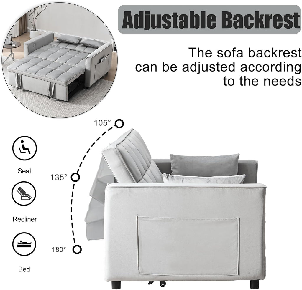 Velvet 3-in-1 Convertible Sofa Bed - USB Charging Port, Adjustable Backrest Loveseat Sleeper for Small Space Apartment, Versatile Futon Pull Out Couch for Living Room,Gray