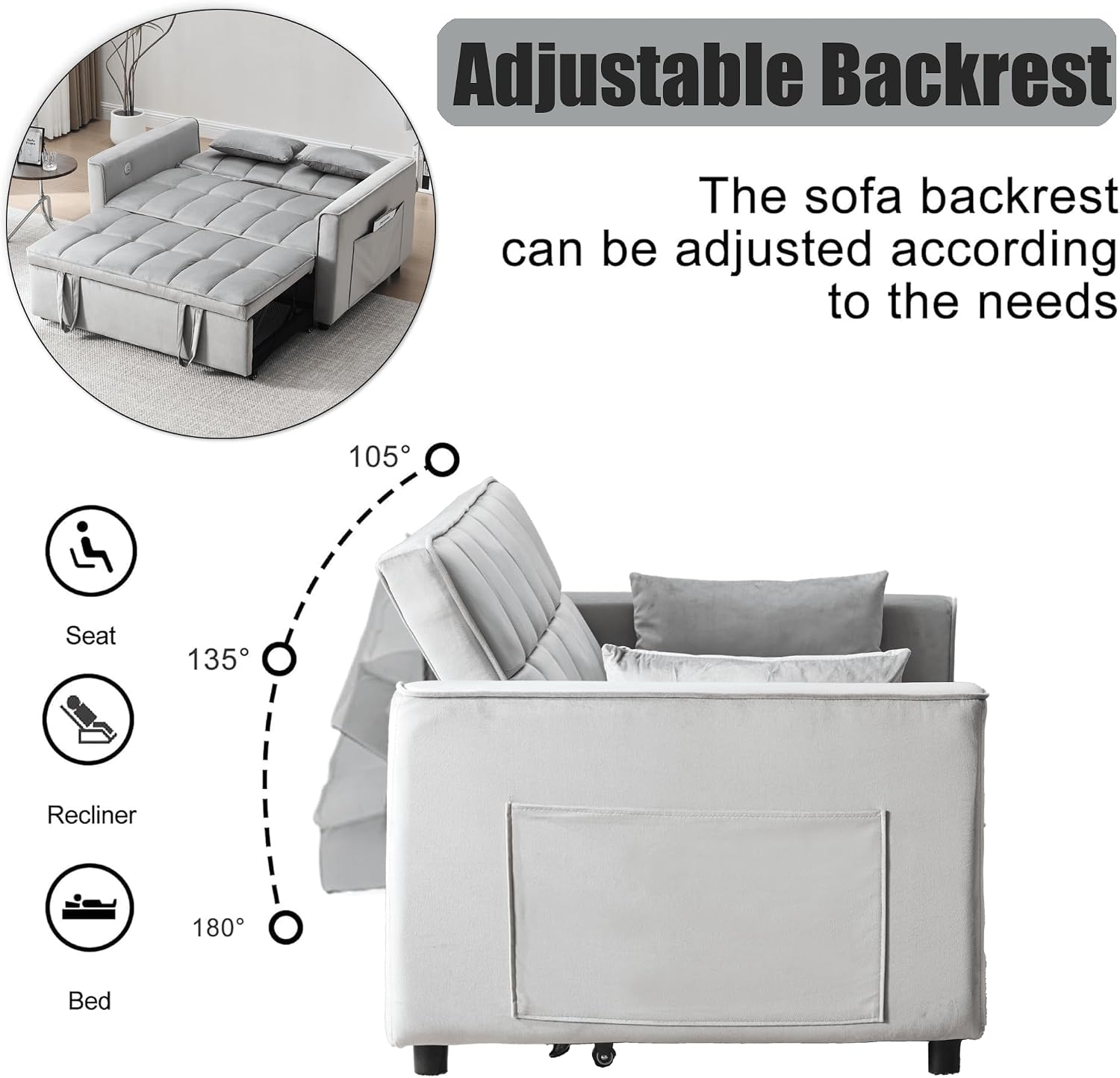 Velvet 3-in-1 Convertible Sofa Bed - USB Charging Port, Adjustable Backrest Loveseat Sleeper for Small Space Apartment, Versatile Futon Pull Out Couch for Living Room,Gray