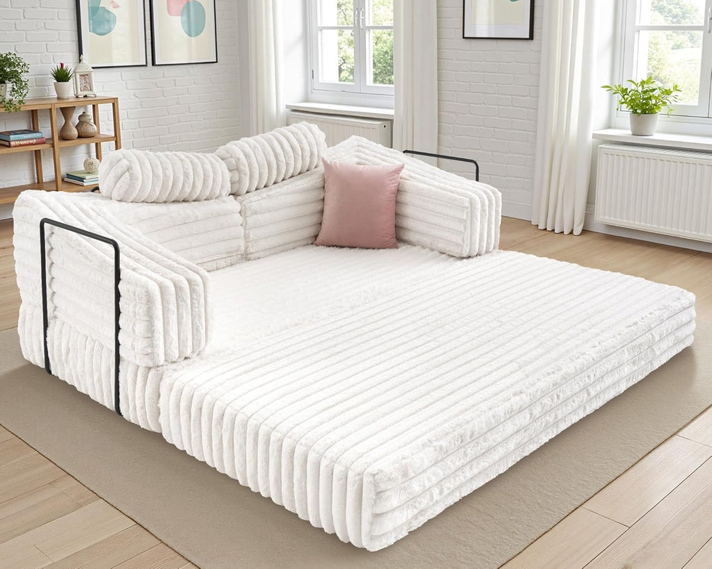 VanAcc Futon Sofa Bed, Convertible Futon Couch with Plush Faux Fur, No Assembly Mattress Futon Sofa for Living Room, Apartment, Bedroom, White