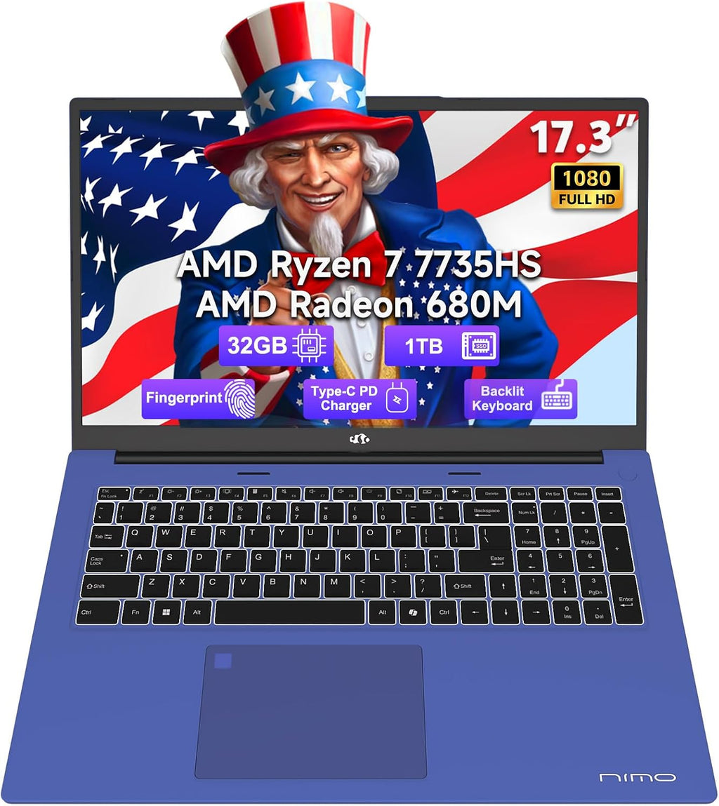 NIMO 17.3-Laptop, AMD Ryzen 7 7735HS (8C/16T) Radeon 680M, 32GB DDR5 RAM 1TB SSD, 100W PD Type-C Fast Charging, Wi-Fi 6E BT 5.2, Fingerprint Unlock, Backlit Keyboard for Business Student Light Gaming