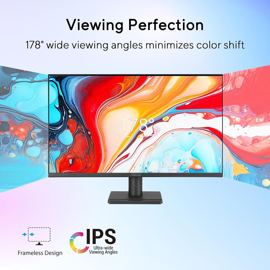 ASUS 27' FHD Monitor, 1080P IPS Display, 120Hz Refresh Rate, 1ms MPRT, Adaptive-Sync, Eye Care Technology, Frameless, HDMI VGA, VESA Mountable for Office and Gaming