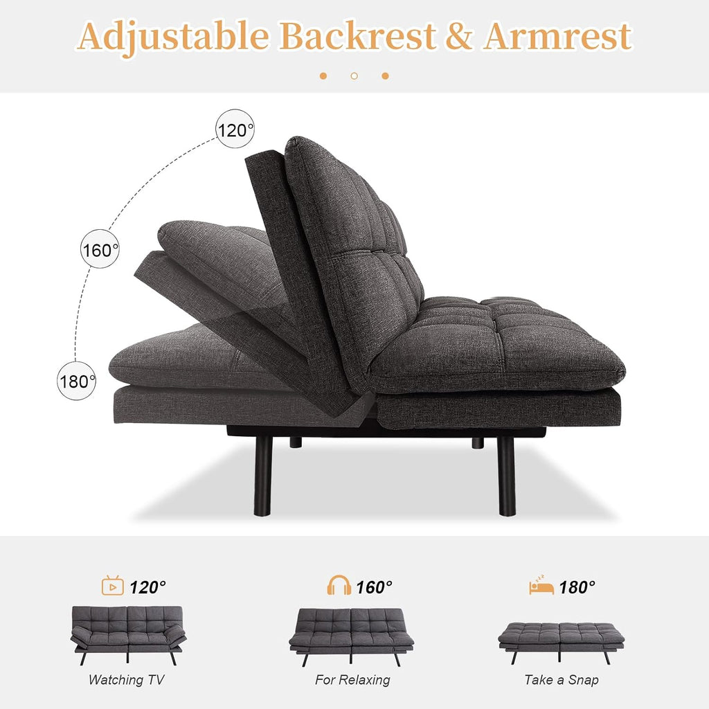 Opoiar Futon Sofa Bed Modern Memory Foam Sleeper Sofa Convertible Grey Couch Adjustable Armrest&Backrest Leather Futon for Living Space,Apartment,Office Sofabed