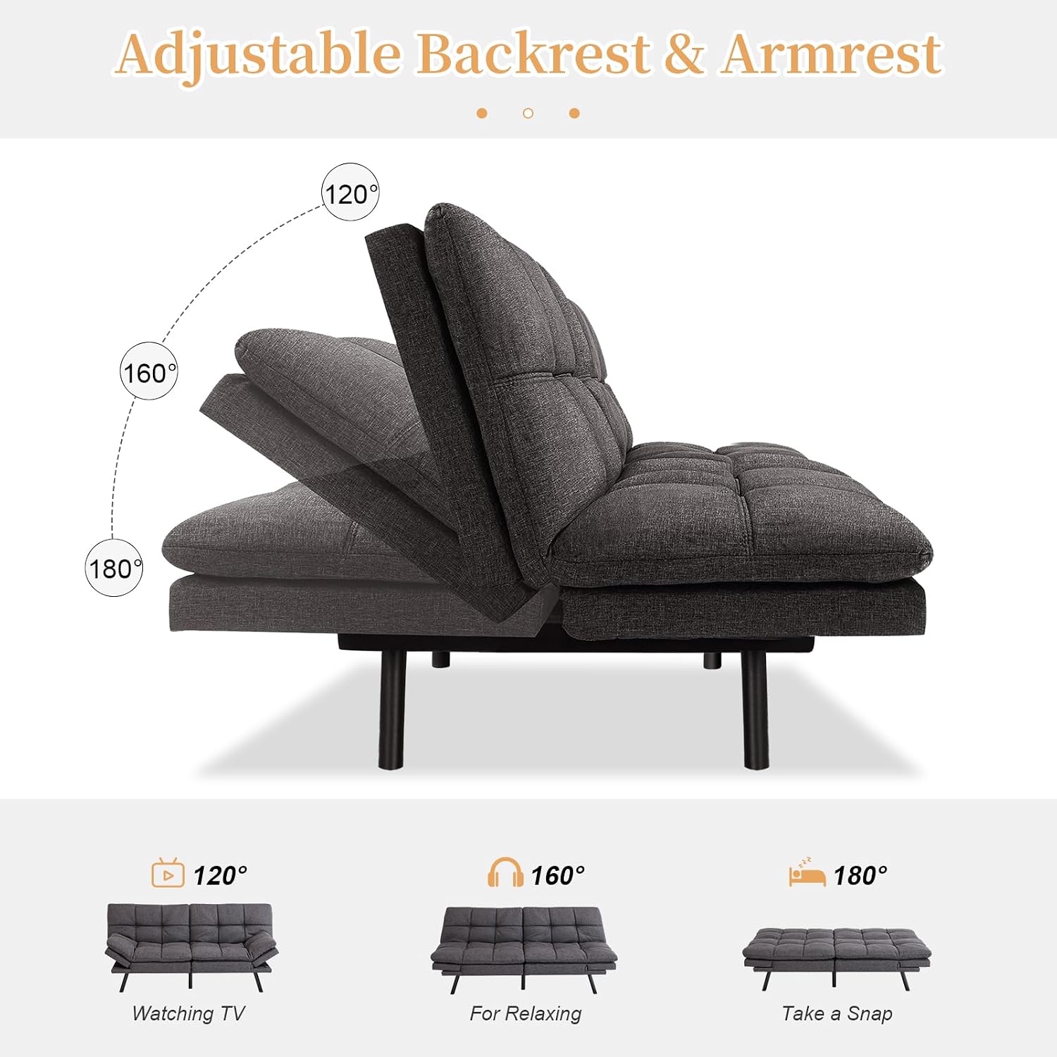 Opoiar Futon Sofa Bed Modern Memory Foam Sleeper Sofa Convertible Grey Couch Adjustable Armrest&Backrest Leather Futon for Living Space,Apartment,Office Sofabed