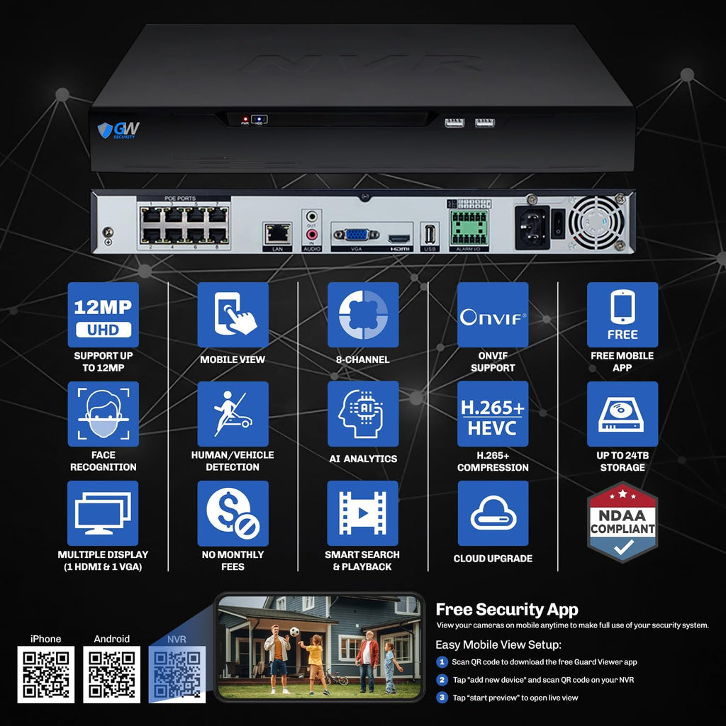 GW Security 8 Channel NVR UltraHD 4K Face Recognition NDAA & TAA Compliant Security Camera System with 4 x 8MP @25FPS Outdoor & Indoor PoE Turret Cameras, 10 Smart AI Functions