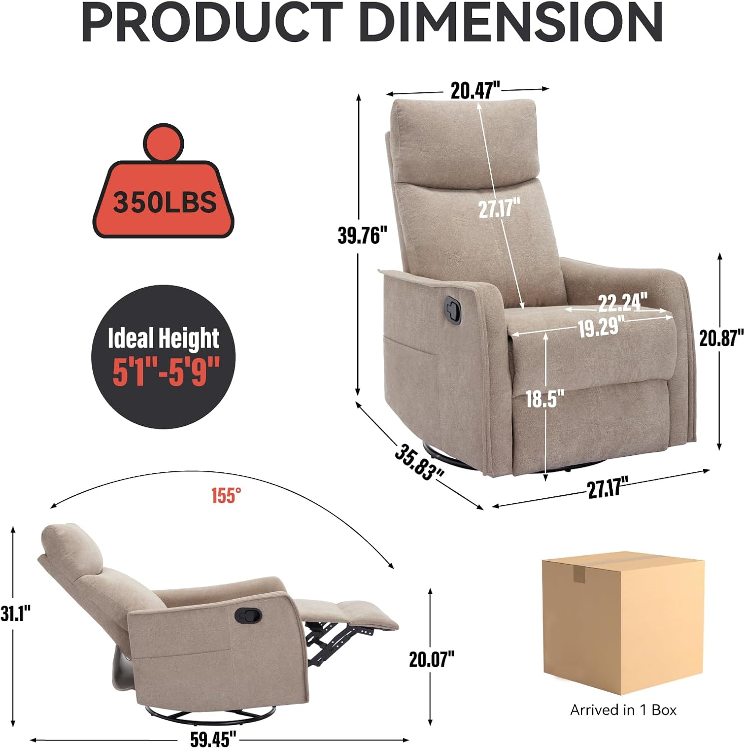 Massage Chair Recliner with Heat, 360° Swivel Glider Rocker with Reclining Backrest and Footrest, Manual Lazy Boy Recliners for Adults, Modern Nursery Rocking Chairs (Khkai)