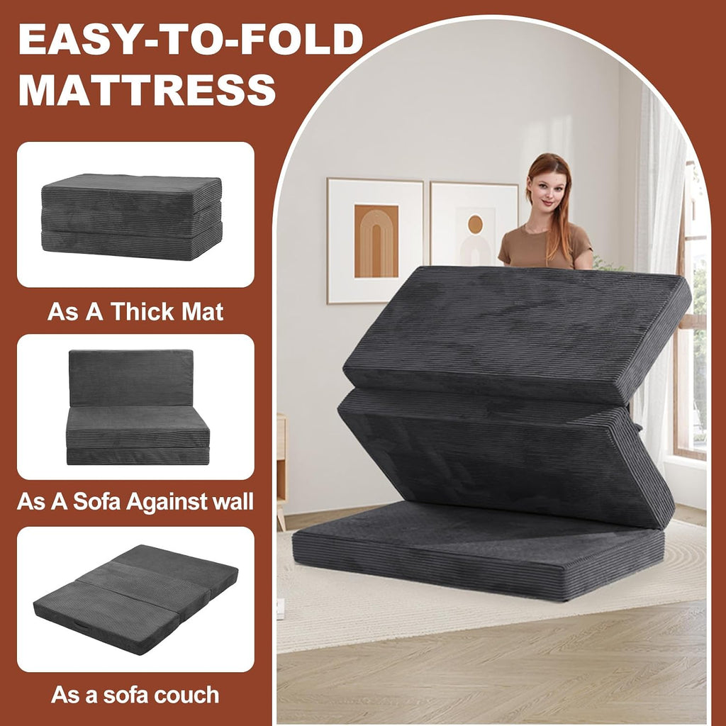 6-Inch Tri-Fold Foldable Mattress, Folding Sofa Bed with Removable Washable Cover, Portable Futon Mattress Full Size Floor Guest Mat with Non-Slip Bottom & Carry Handles for Camping (Grey, Queen)