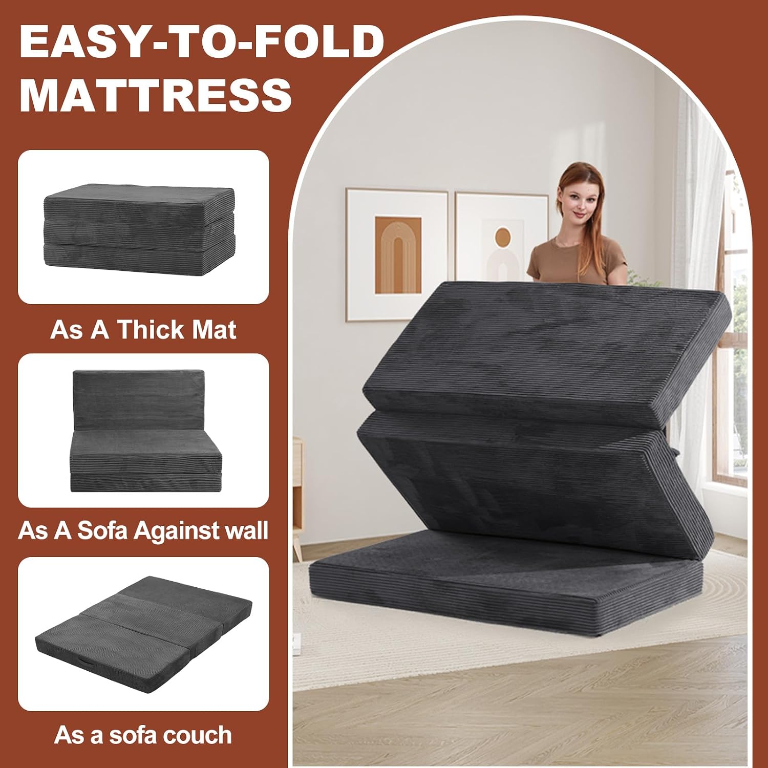 6-Inch Tri-Fold Foldable Mattress, Folding Sofa Bed with Removable Washable Cover, Portable Futon Mattress Full Size Floor Guest Mat with Non-Slip Bottom & Carry Handles for Camping (Grey, Queen)
