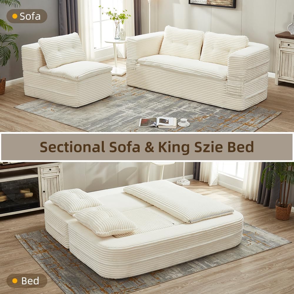 80-inch Folding futon Sofa Bed, Full-Size Convertible Sleeper Couch Bed, Memory Sponge Double Sofa with Comfortable Mattress, Suitable for Living Room (Beige Sofa Set, 80'' inches+blanket)