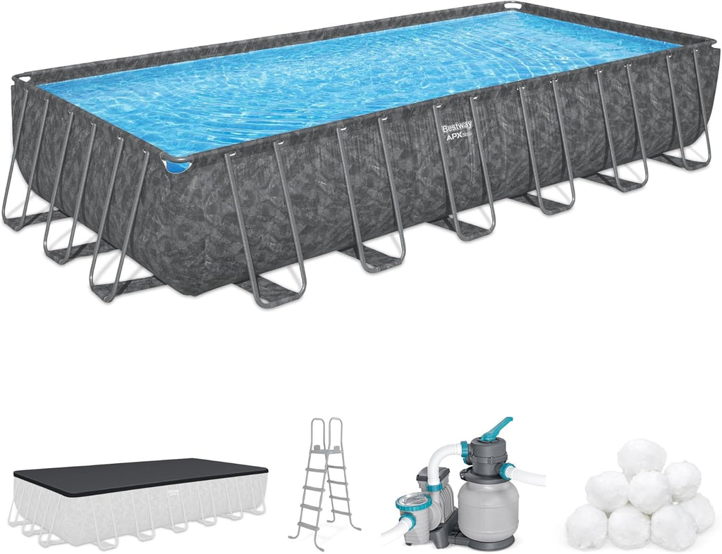 Bestway APX 365 24' x 12' x 52' Above Ground Pool, Rectangular Metal Frame Outdoor Swimming Pool Set with Sand Filter Pump, Ladder, and Cover, Dark Marble