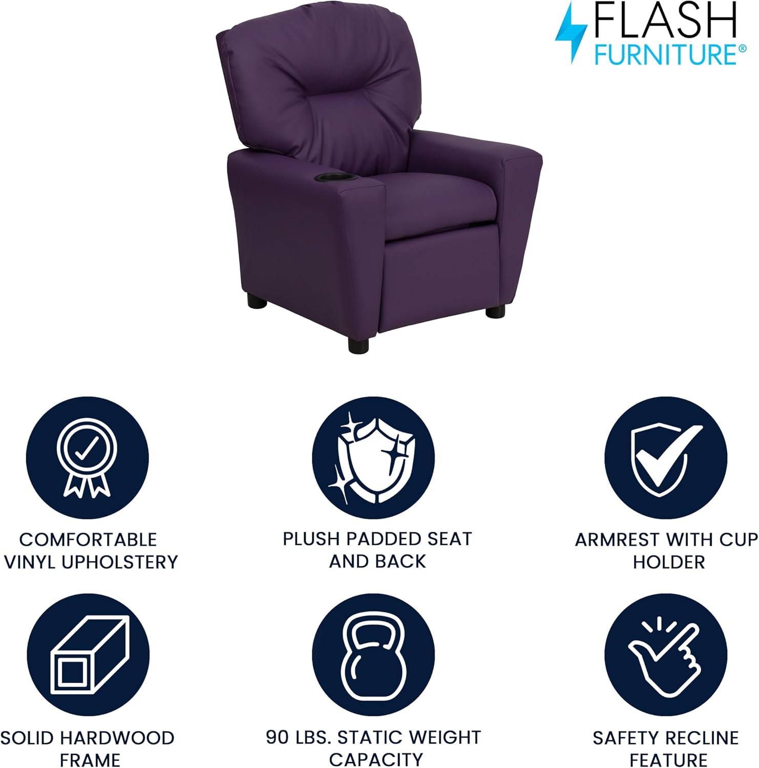 Flash Furniture Chandler Vinyl Kids Recliner with Cup Holder and Safety Recline, Contemporary Reclining Chair for Kids, Supports up to 90 lbs., Purple