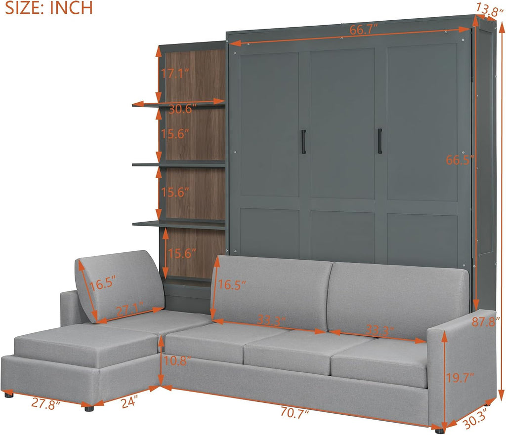 Merax Queen Murphy Bed with Sofa, Wood Folding Wall Bedframe with Soft Couch and Shelves, for Guest Room, Home Office or Small Bedroom, Grey