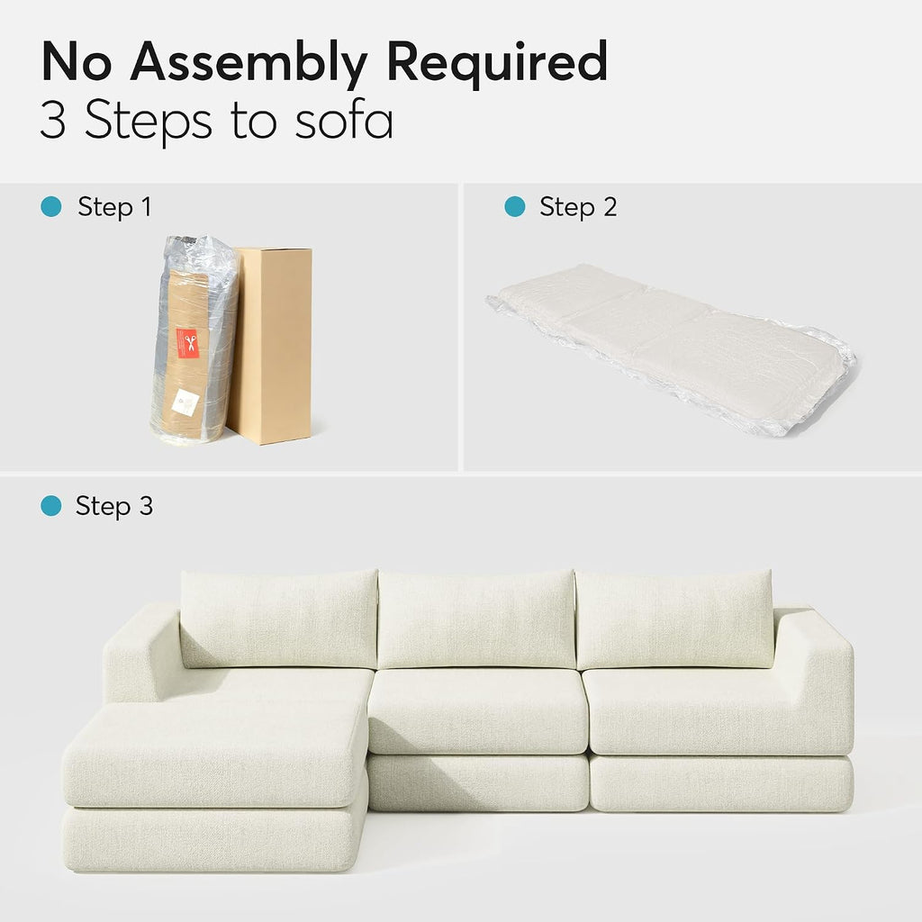 Chenille Modular Floor Sofa Bed, L Shaped Convertible Sleeper Couch with Memory Foam Cushions, Low Profile Sectional Sofa for Living Room, Apartment, Guest Room,Beige