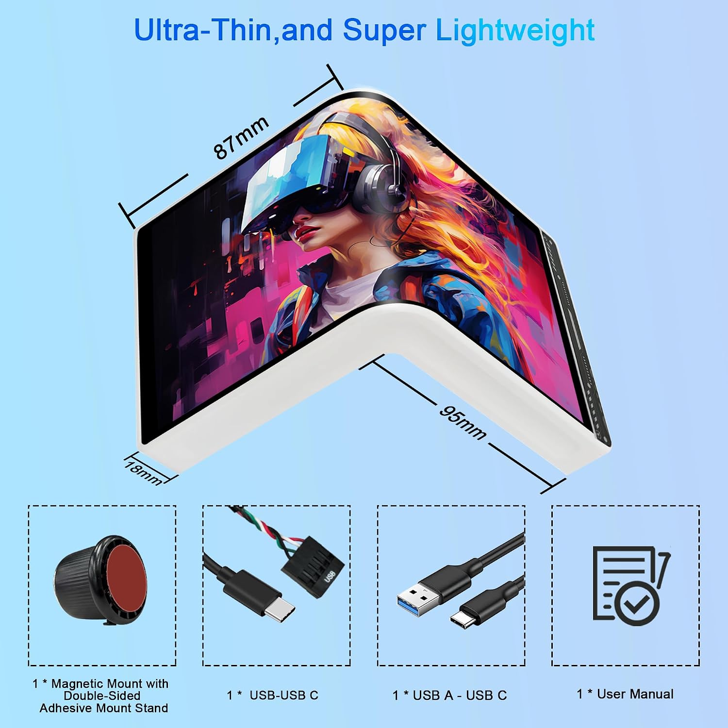 wisecoco Portable Water Cooling Curved Screen Monitor 6.5 inch 2K 2560×1440 IPS with Magnic Stand External Computer Laptop OLED Monitor for PC Laptop Desktop (White)