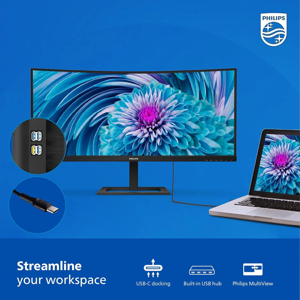 Philips 346E2CUAE 34'' Curved Frameless UltraWide QHD 3440x1440,100Hz 1ms MPRT, sRGB 121%, USB-C Charging, MultiView PIP/PBP, Height Adjustable, 4Yr Advance Replacement