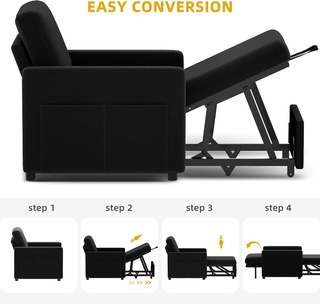 YITAHOME Convertible Sofa Chair Bed, 3-in-1 Sleeper Sofa with Pull-Out Bed, Linen Fabric Single Sleeper Chair with Reclining Backrest and Wide Armrest, Modern Lounge Sofa for Small Space, Black