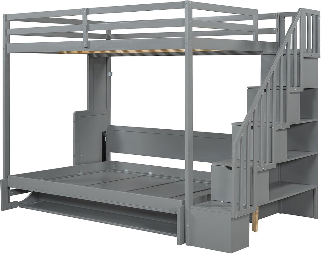 Merax Modern Farmhouse Solid Wood Loft Bed with Murphy Bed Cabinet w/Hydraulic Lift Full Over Full, Wall Bunk Bed with Storage Staircase, Shleves & Desk/Space Saving/Wood Slat Support/Gray
