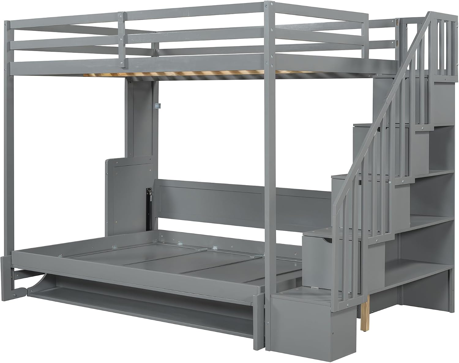 Merax Modern Farmhouse Solid Wood Loft Bed with Murphy Bed Cabinet w/Hydraulic Lift Full Over Full, Wall Bunk Bed with Storage Staircase, Shleves & Desk/Space Saving/Wood Slat Support/Gray
