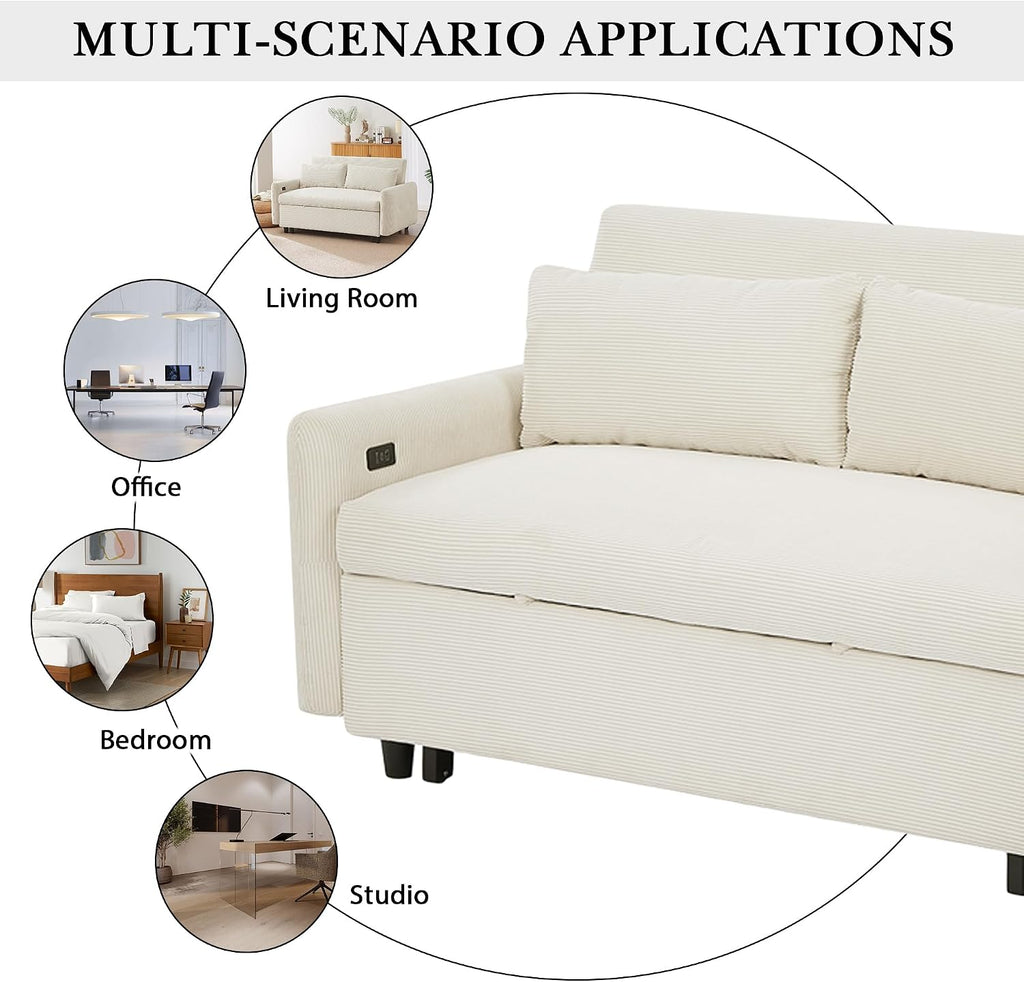 Merax Pull-Out Sofa Bed Convertible Couch 2 Seat Loveseat Sofa Modern Sleeper Sofa with Two Throw Pillows and USB Ports for Living Room, Beige