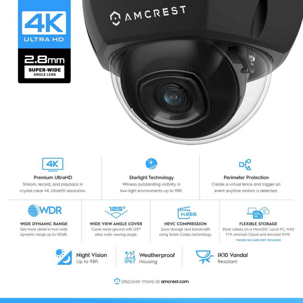 Amcrest 4K 8CH Security Camera System w/ 4K 8CH POE NVR, (4) x 8-Megapixel Dome POE IP Cameras (3840x2160), Pre-Installed 2TB Hard Drive, NV4108E-IP8M-2493EB4-2TB (Black)