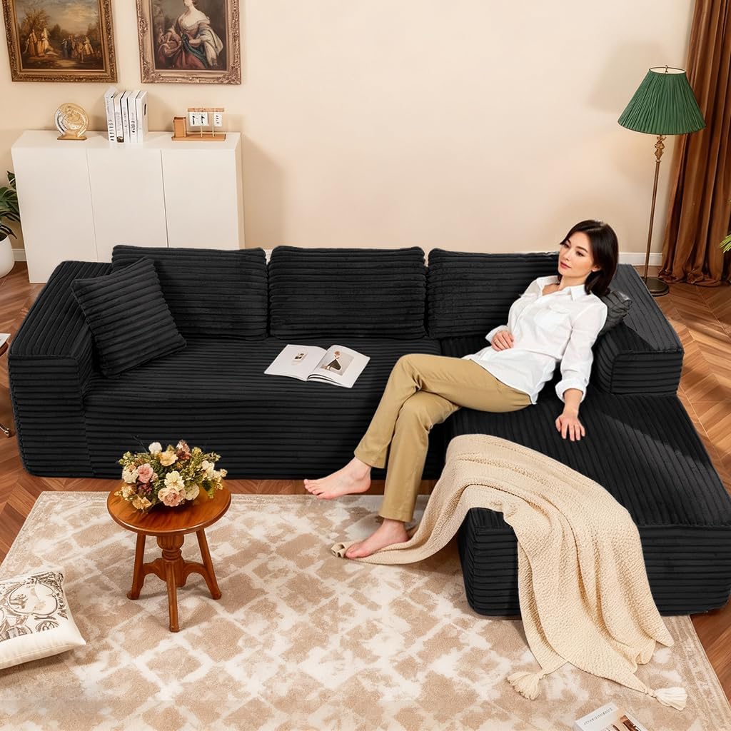 COMHOMA 105'Modular Sectional Sofa with Deep Seat,Cloud Upholstered L-Shape Couch Wide Arms Corduroy Fabric High-Density Foam Chaise Lounge for Living Room No Assembly Required