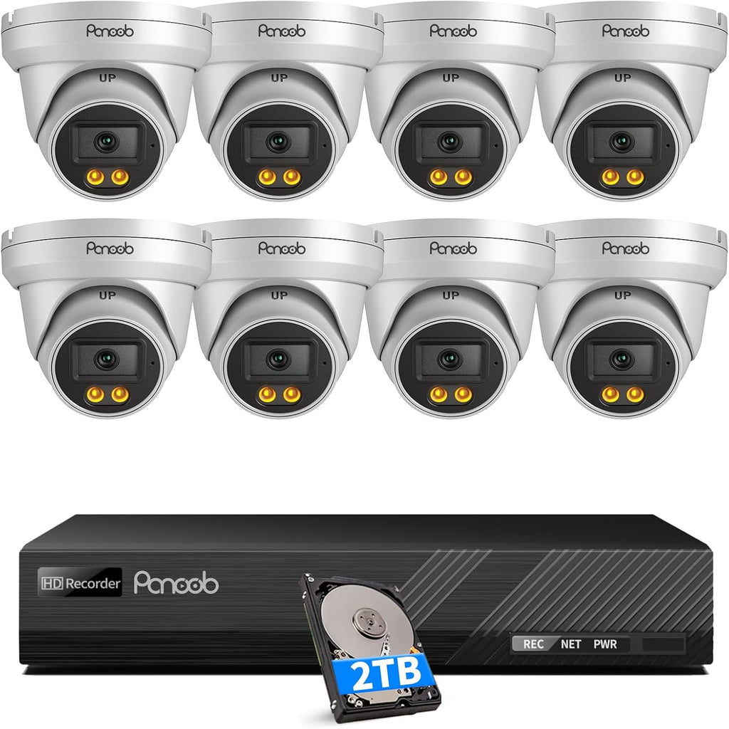PoE Security Camera System, 8Pcs 5MP Wired IP Cameras with Audio, Smart Color Night Vision & AI Person Vehicle Detection, Remote Access, 8 Channel 4K NVR with 2TB HDD, PD93BA0808-5MD-1
