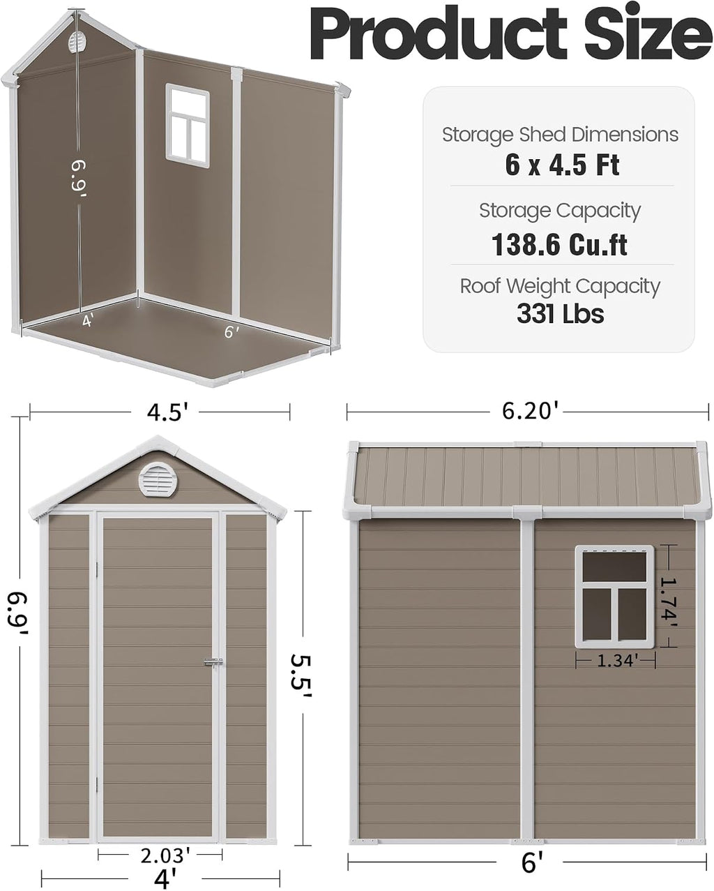 6x4.5 Large Outdoor Storage Shed with Floor, Spacious Tool Shed for Lawn Mower, Bike, and Patio Furniture, Includes Lockable Door and Ventilation, Warm Gray