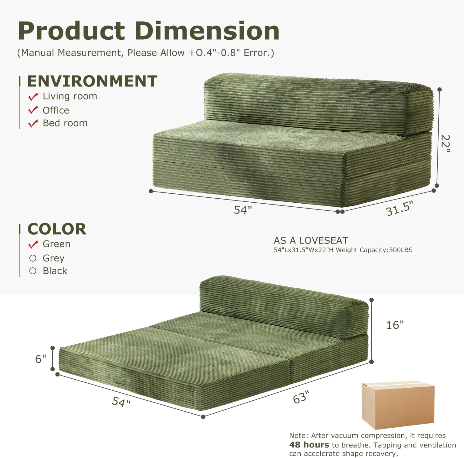 Folding Futon Sofa Bed Full Size, 6 inch Convertible Floor Couch Bed with Removable Corduroy Cover, Pull Out Couch for Small Spaces High-Density Foam,Green