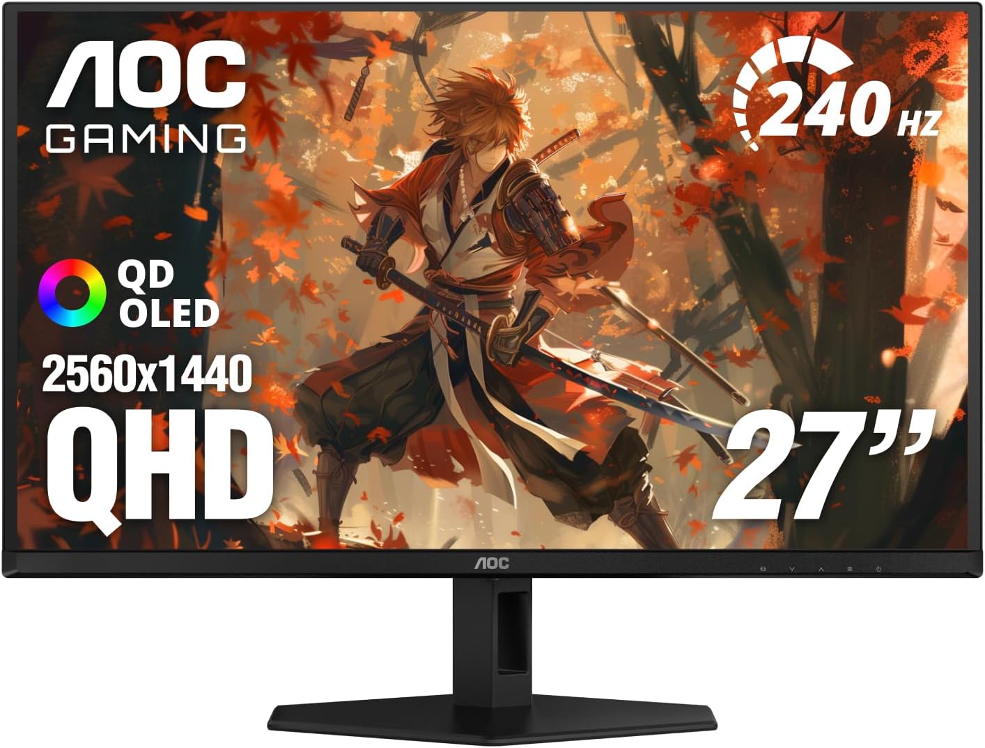 AOC 27' QD OLED Gaming Monitor, QHD 2560x1440, 240Hz, 0.03ms GtG, G-SYNC Compatible, HDR Ready, DisplayPort, HDMI, VESA Mountable, Console Gaming Ready, Q27GAZD