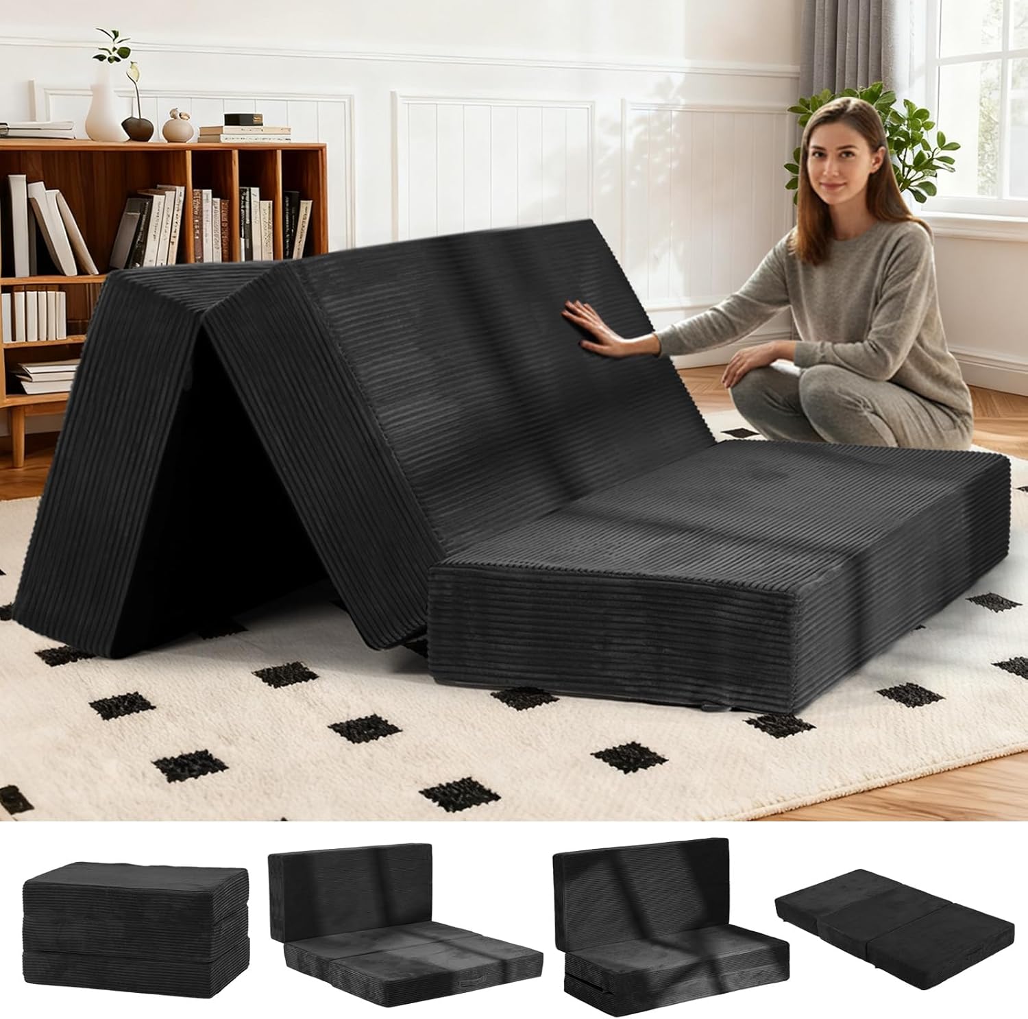 6-Inch Tri-Fold Foldable Mattress, Folding Sofa Bed with Removable Washable Cover, Portable Futon Mattress Full Size Floor Guest Mat with Non-Slip Bottom & Carry Handles for Camping (Black, Queen)