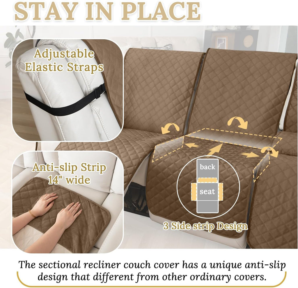 HDCAXKJ 100% Waterproof Recliner Sectional Couch Covers X-Large L Shaped Corner Reclining Sofa Cover Thick Non Slip Sectional Slipcover with Pockets (XL 5 Seat and 1 Middle Console, Light Brown)