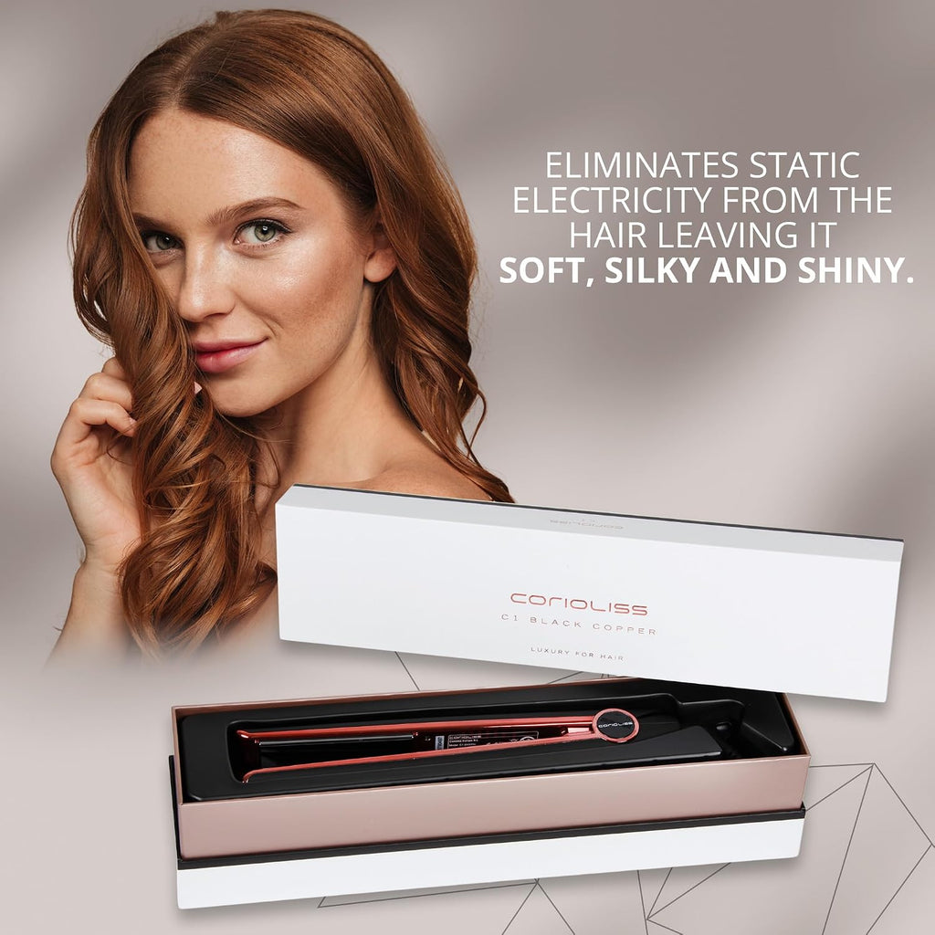 Corioliss C1 Flat Iron Hair Straightener Professional Titanium Plates Temperature Control Travel Case (Black Soft Touch Copper)
