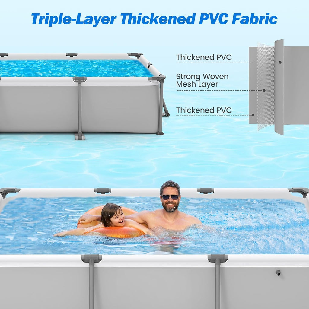 Goplus Above Ground Swimming Pool, 10'x6.8'x26'' Metal Frame Pool Set w/PVC Fabric, 3 Stoppers, Drainage Valve Connector, for Outdoor, Backyard, Garden, Patio (10' x 6.8' Rectangle, 978 Gal, Grey)