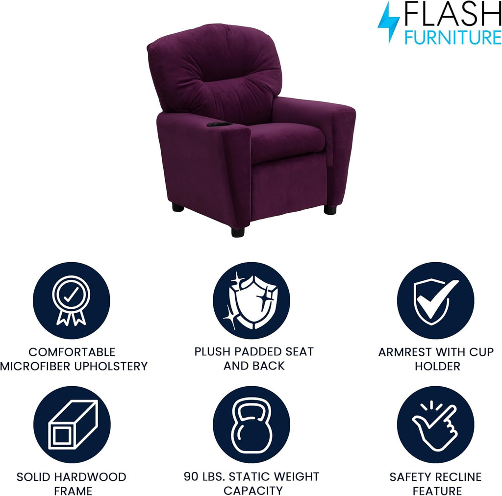Flash Furniture Chandler Microfiber Kids Recliner with Cup Holder and Safety Recline, Contemporary Reclining Chair for Kids, Supports up to 90 lbs., Purple