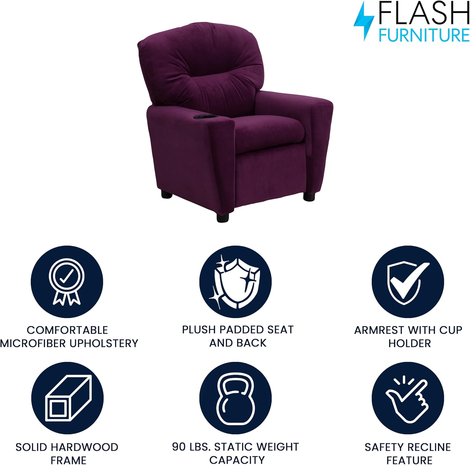 Flash Furniture Chandler Microfiber Kids Recliner with Cup Holder and Safety Recline, Contemporary Reclining Chair for Kids, Supports up to 90 lbs., Purple