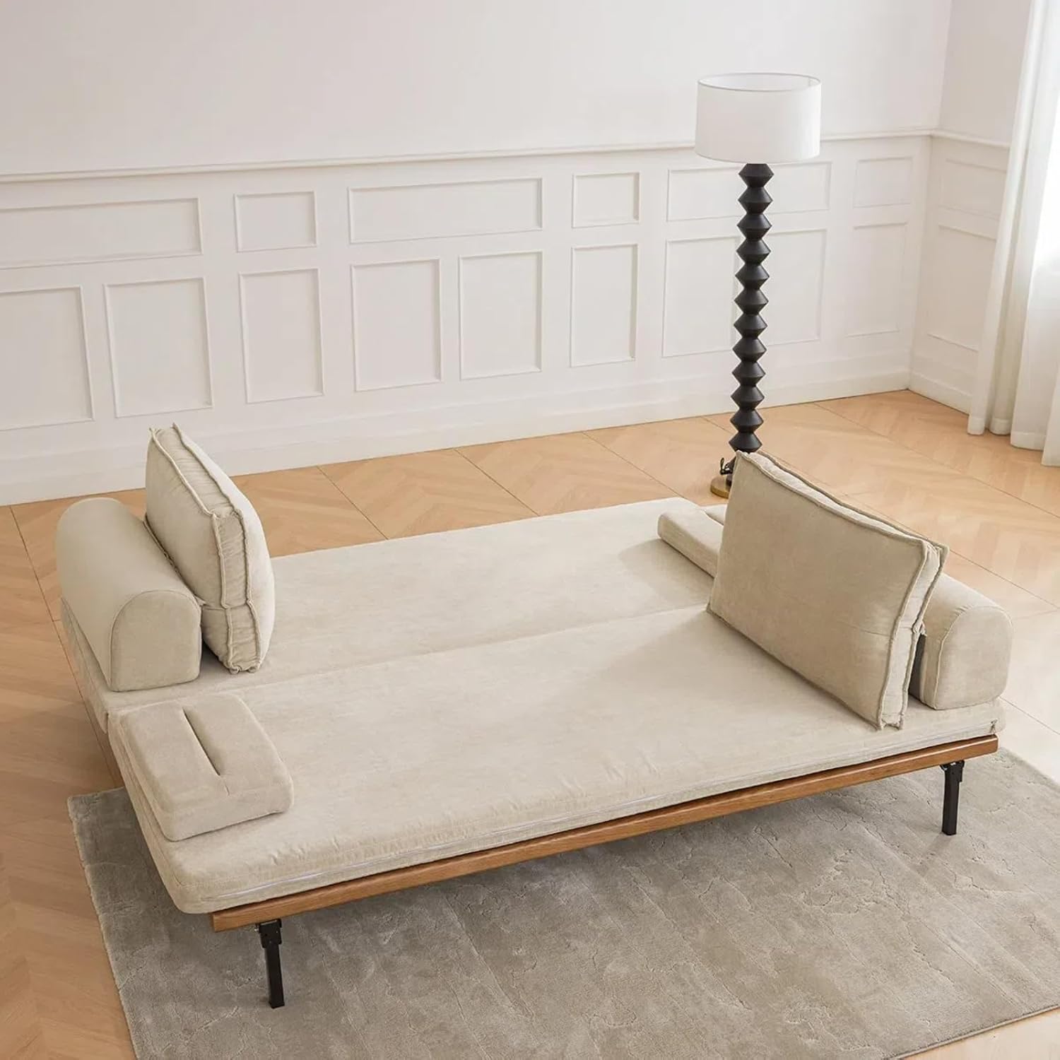 homary Modern Pull Out Sofa Bed - Khaki Convertible Couch, 78.7'' Mid Century Wood with Cotton & Linen